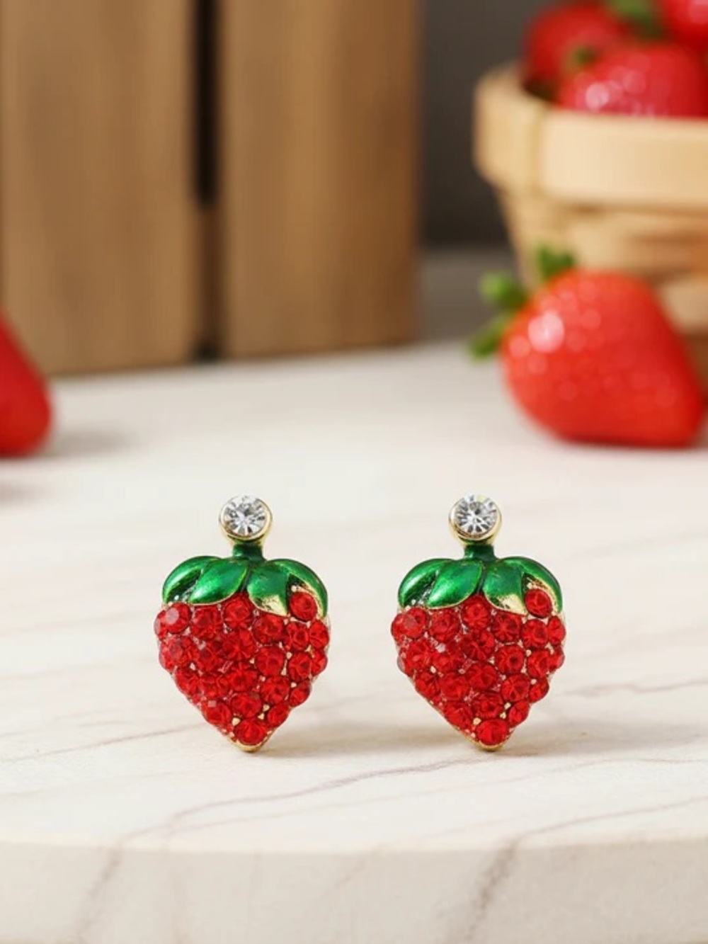 Strawberry Crystal Stud Earrings - Red & Green
